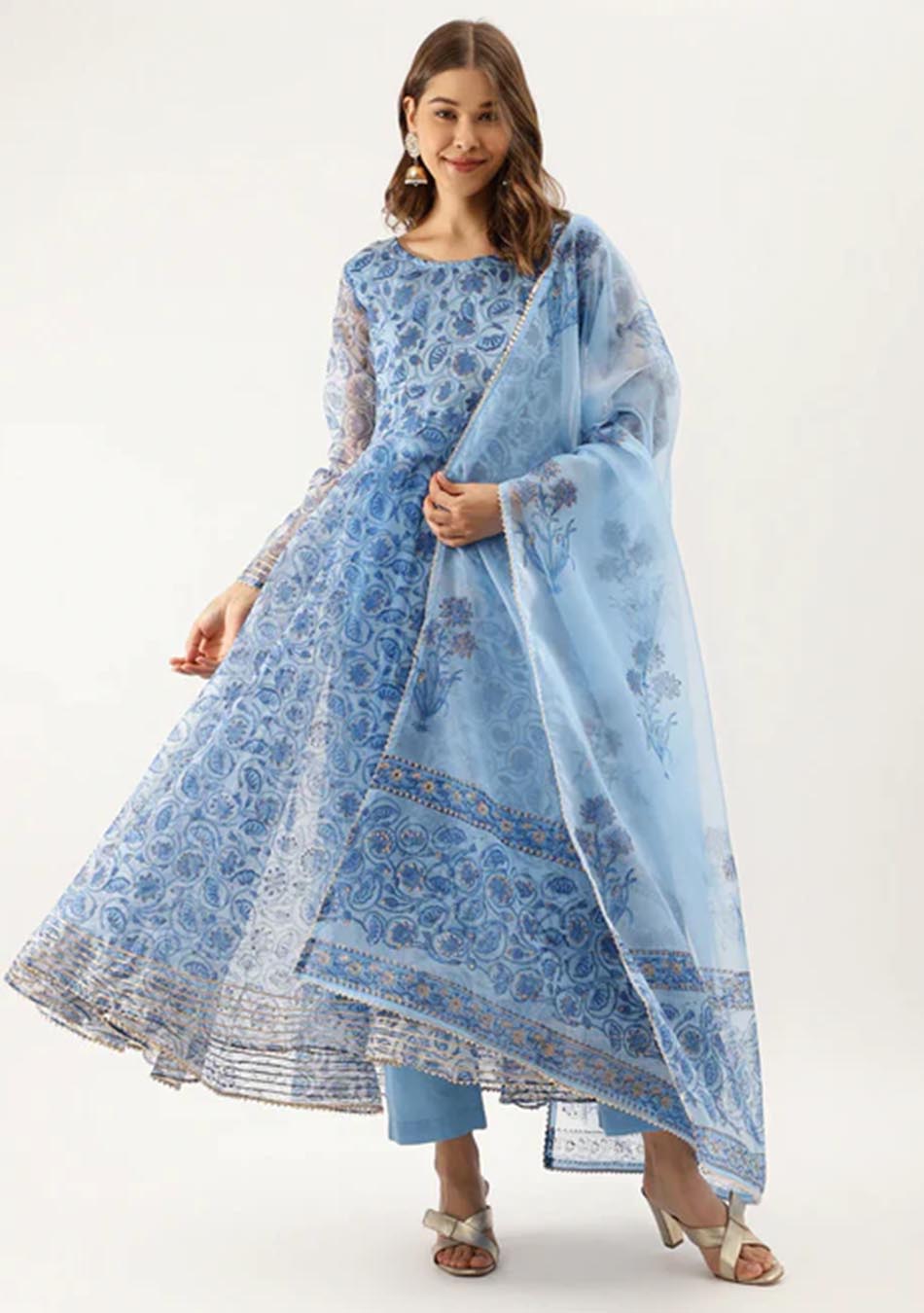 Floral Sky Blue Anarkali Ensemble