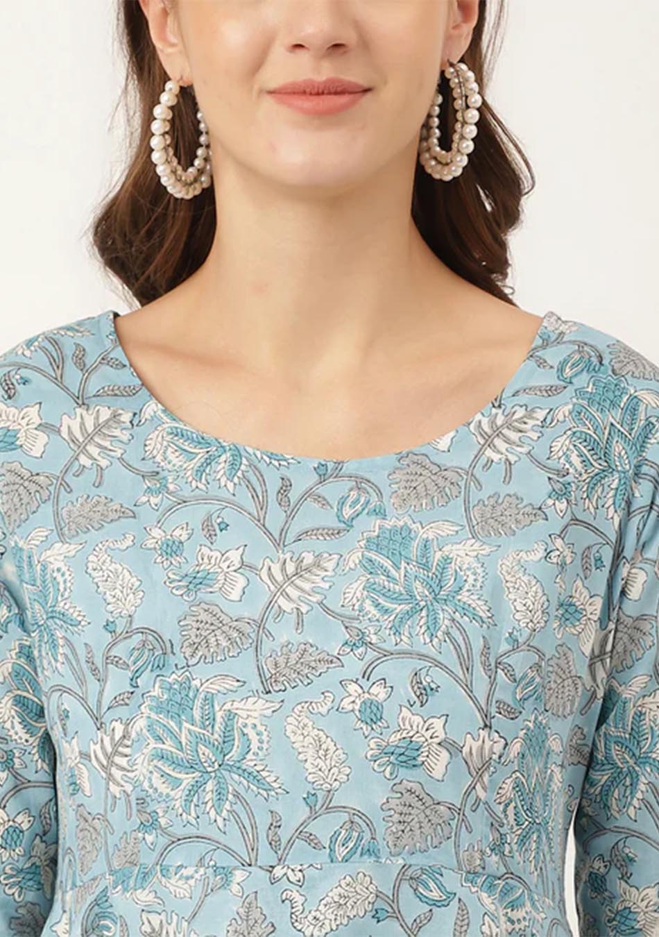 Cerulean Hand Block Floral Cotton Anarkali Set