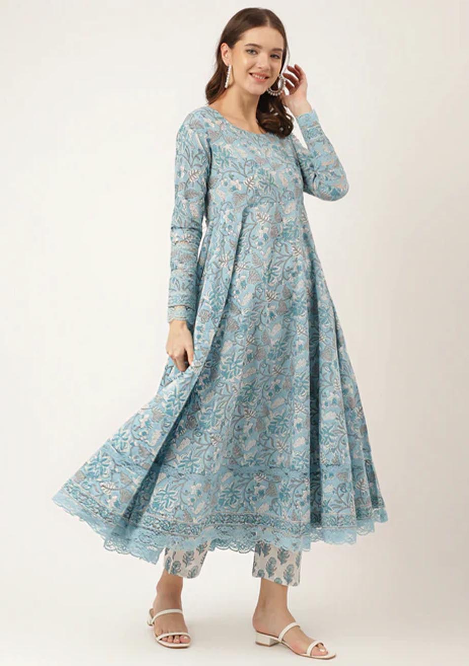 Cerulean Hand Block Floral Cotton Anarkali Set