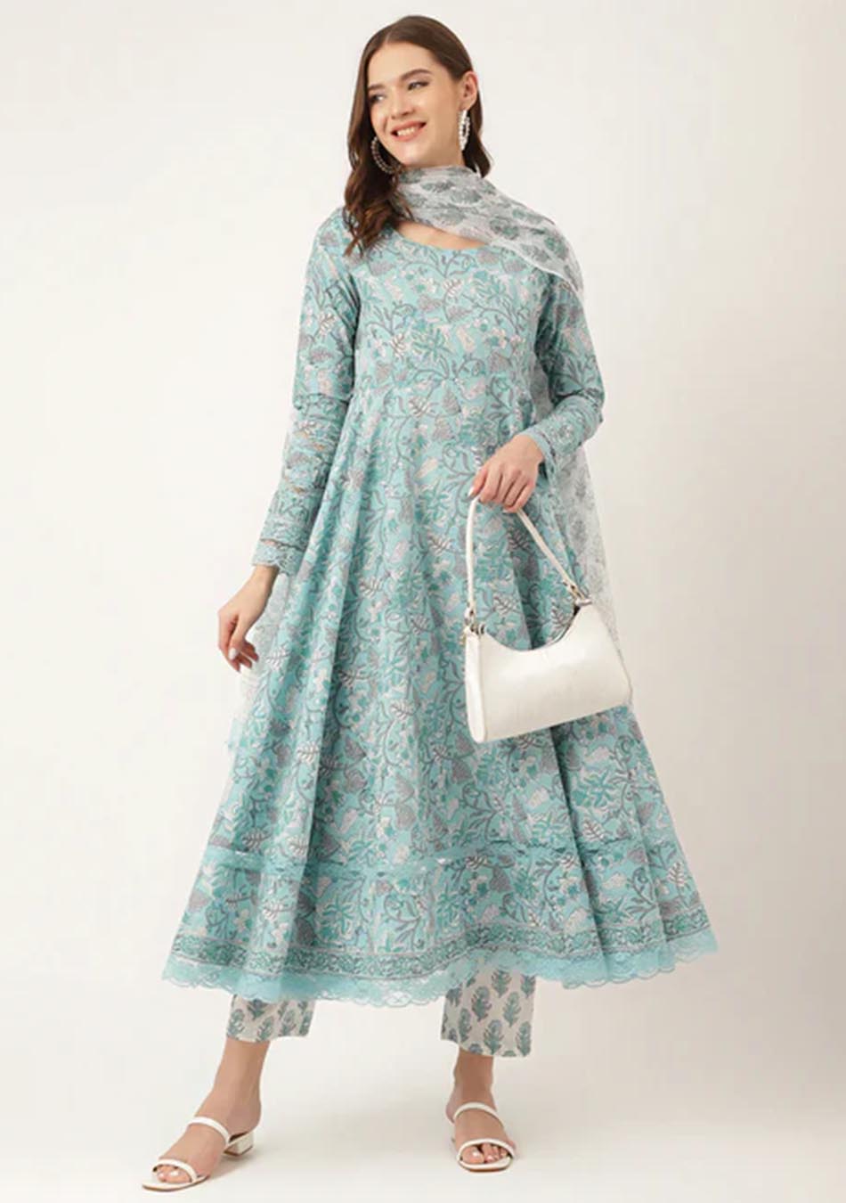 Cerulean Hand Block Floral Cotton Anarkali Set