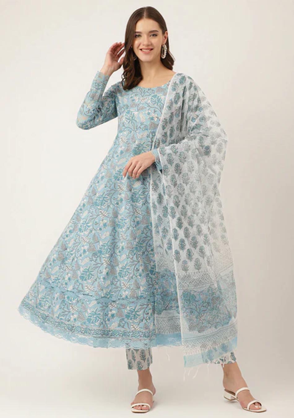 Cerulean Hand Block Floral Cotton Anarkali Set