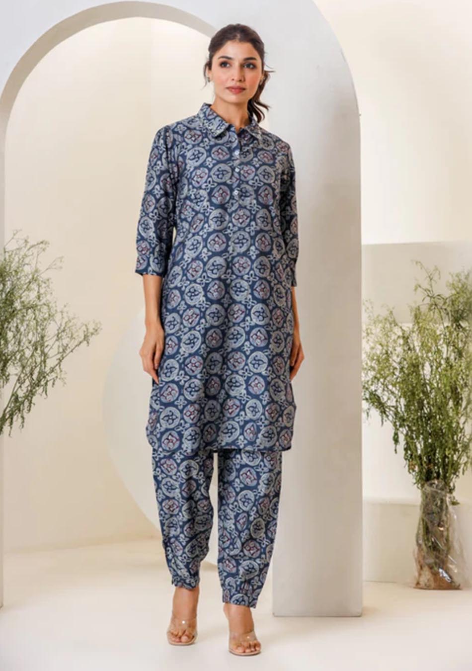 Blue Print Muslin Kurta With  Hem  Cuffed Pant Set