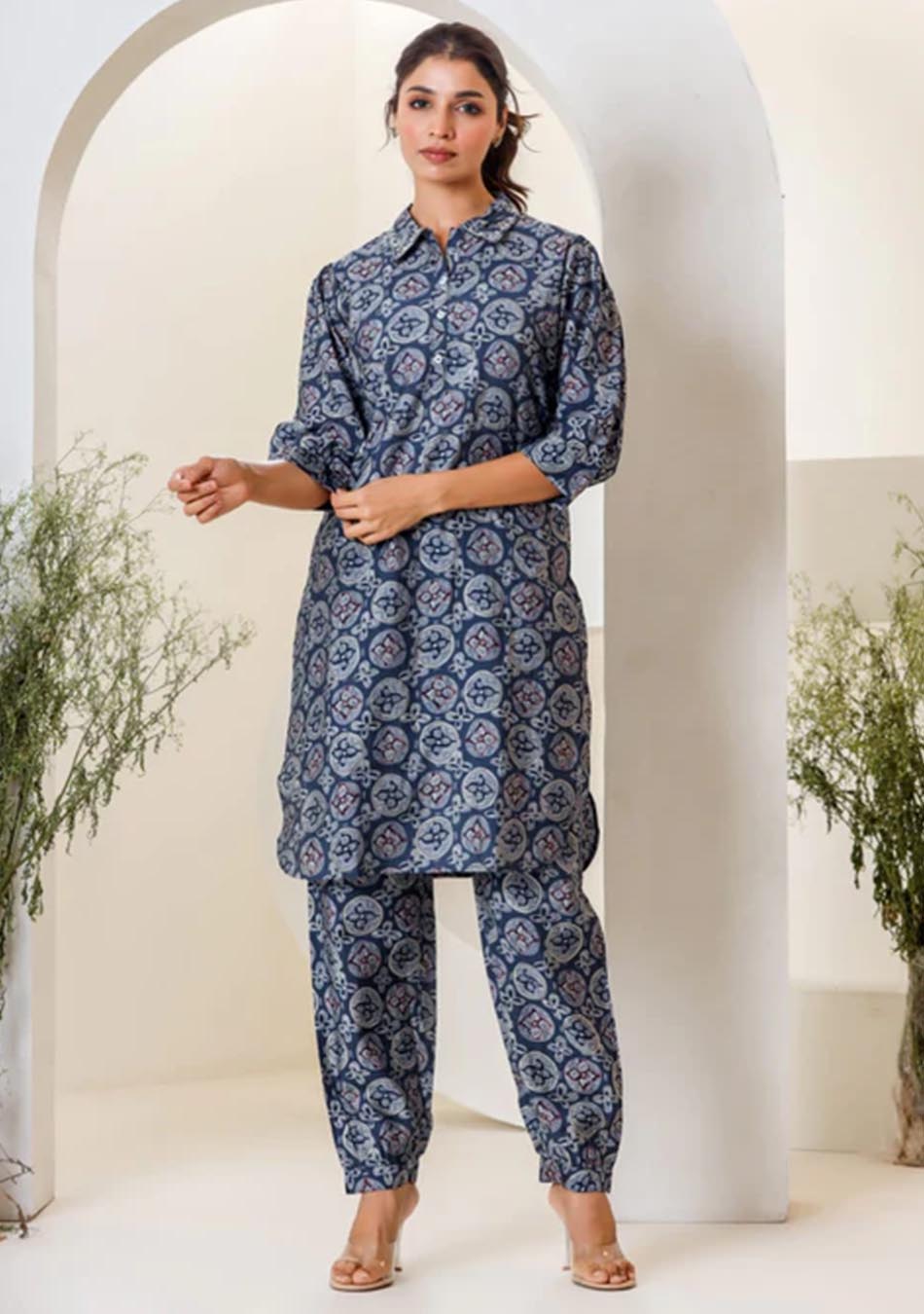 Blue Print Muslin Kurta With  Hem  Cuffed Pant Set