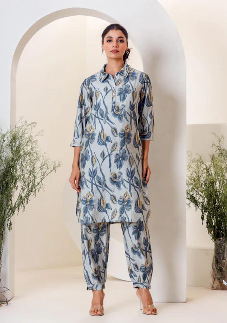 Sky Blue Print Muslin Kurta With  Hem  Cuffed Pant Set