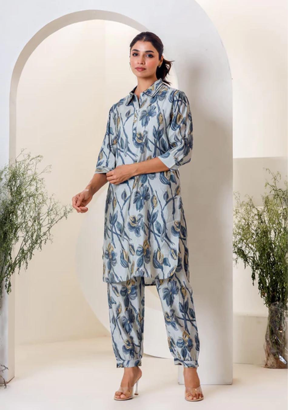 Sky Blue Print Muslin Kurta With  Hem  Cuffed Pant Set