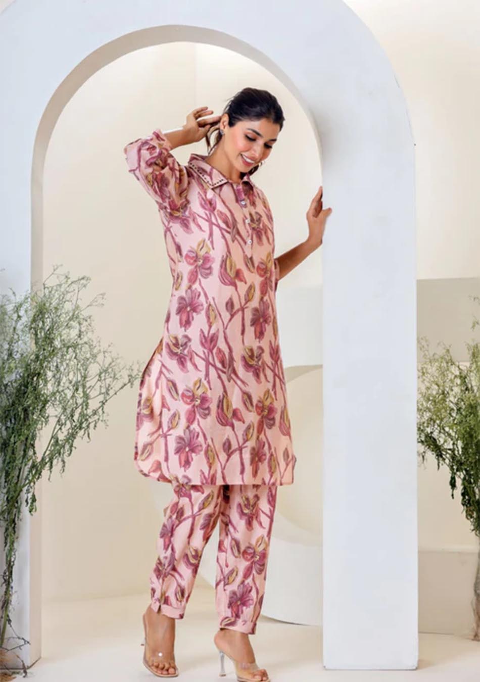 Light Pink Muslin Kurta With  Hem  Cuffed Pant Set