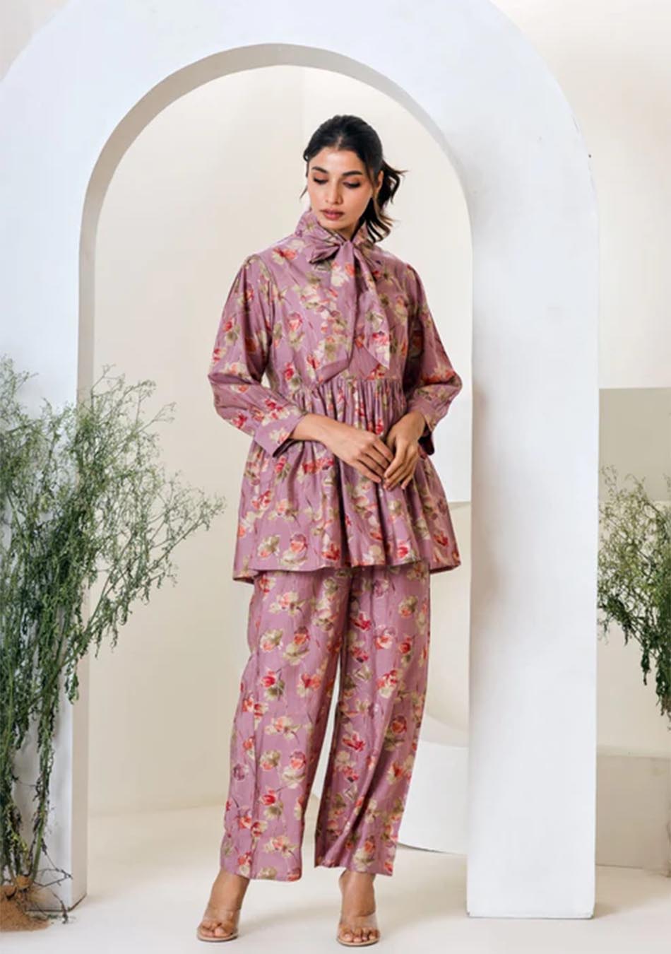 Pink Floral Print Muslin Peplum Top With Bell-Bottom