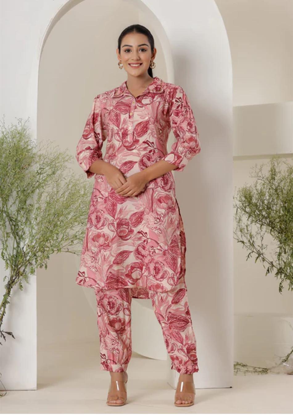 Maroon & White Print Muslin Kurta With  Hem  Cuffed Pant Set