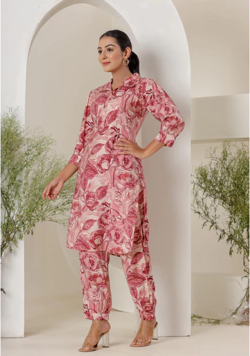 Maroon & White Print Muslin Kurta With  Hem  Cuffed Pant Set