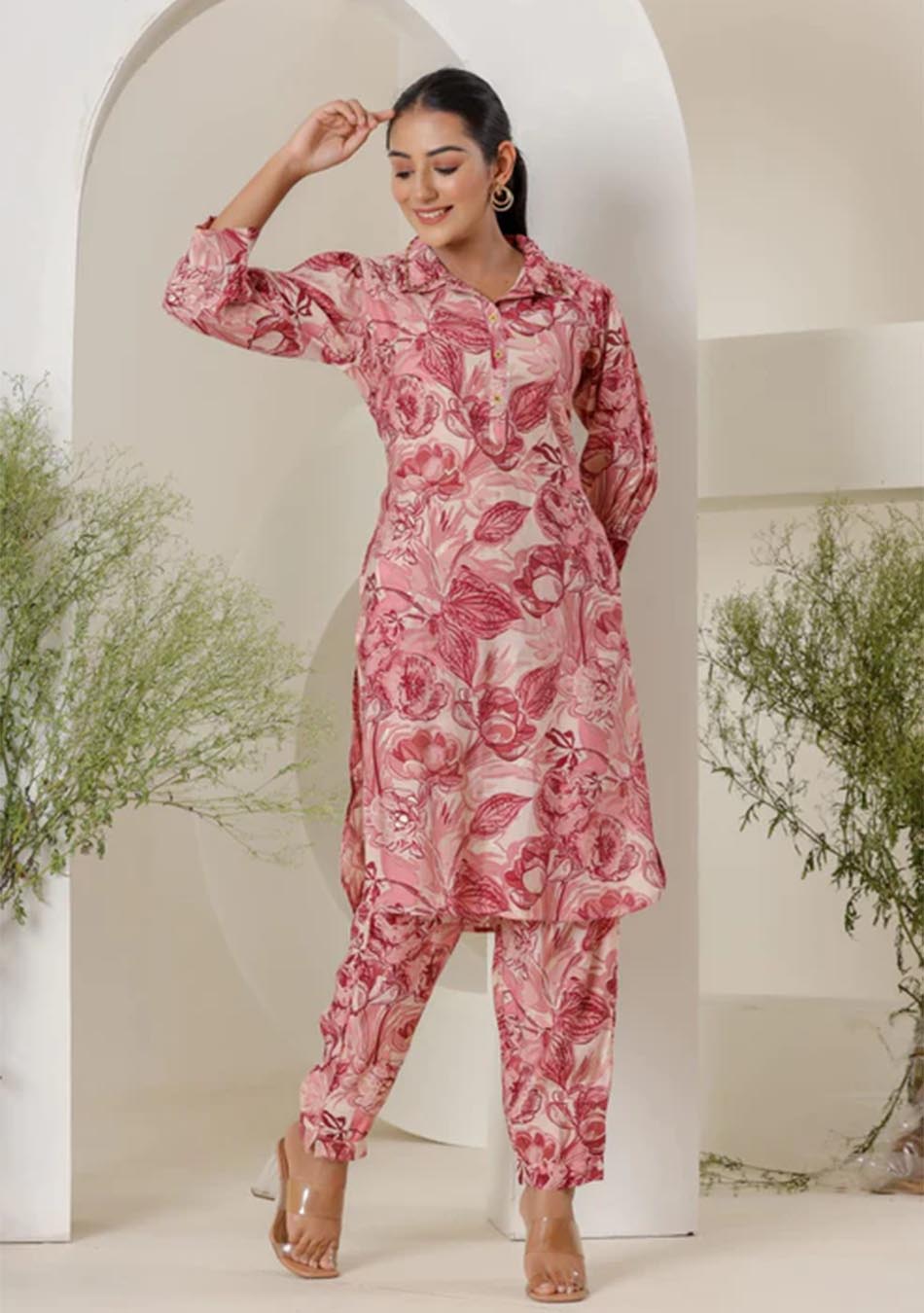 Maroon & White Print Muslin Kurta With  Hem  Cuffed Pant Set