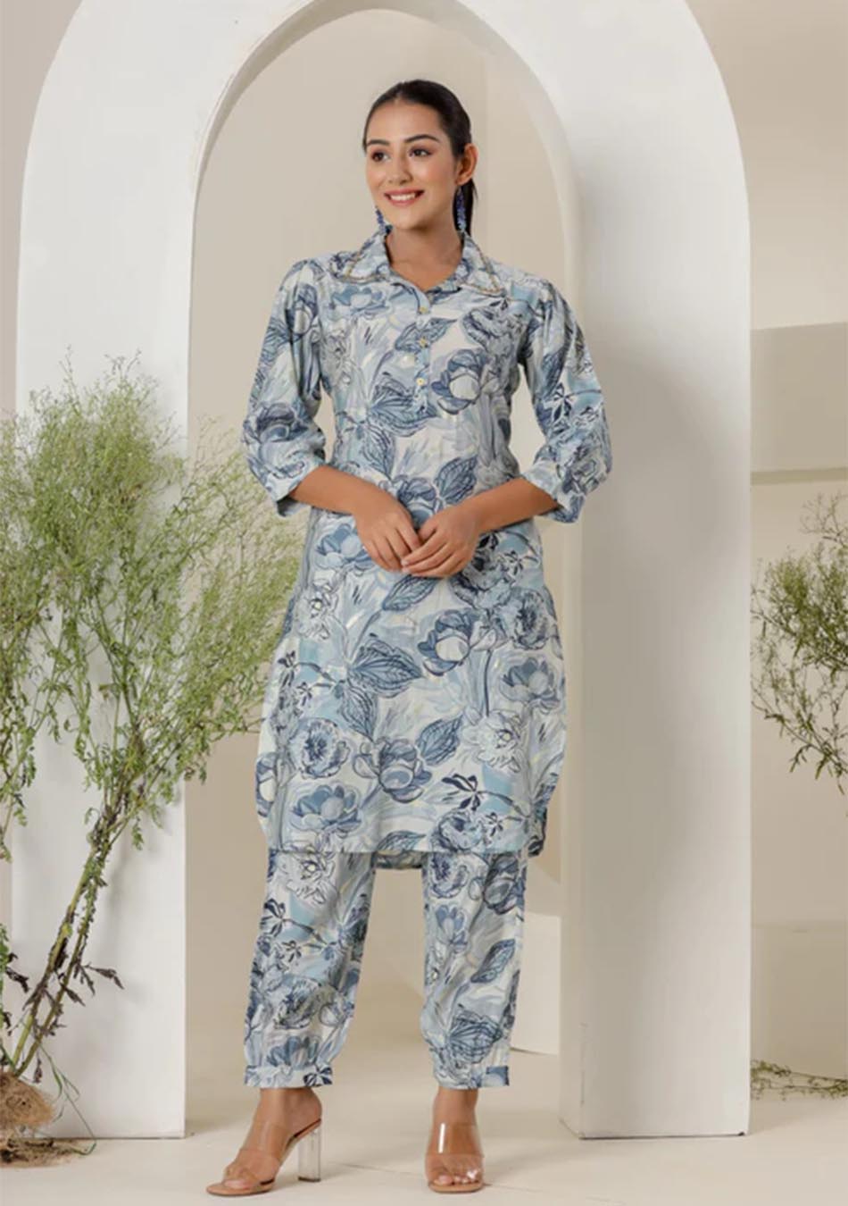 Blue  & White Print Muslin Kurta with  Hem Cuffed Pant Set