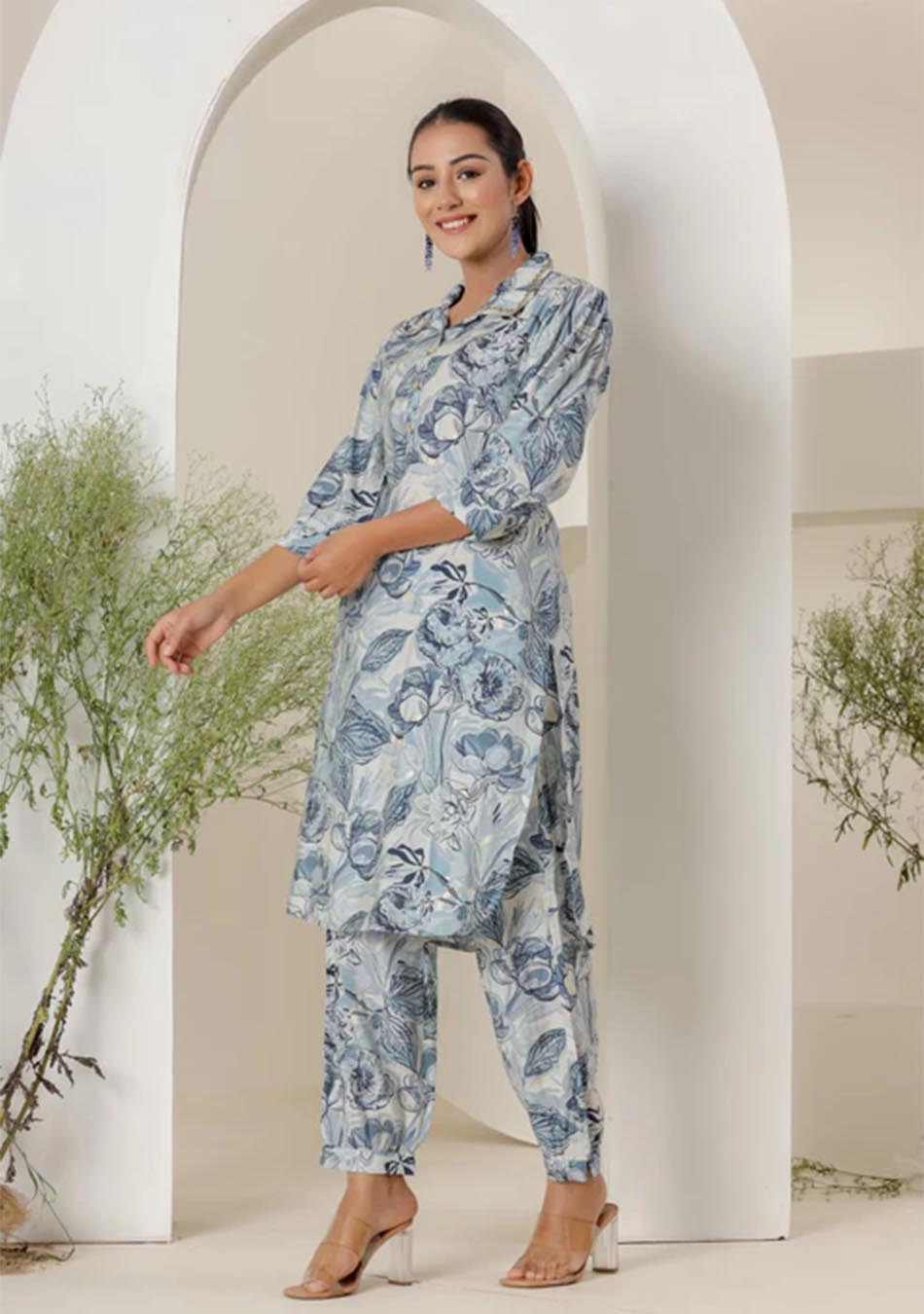 Blue  & White Print Muslin Kurta with  Hem Cuffed Pant Set