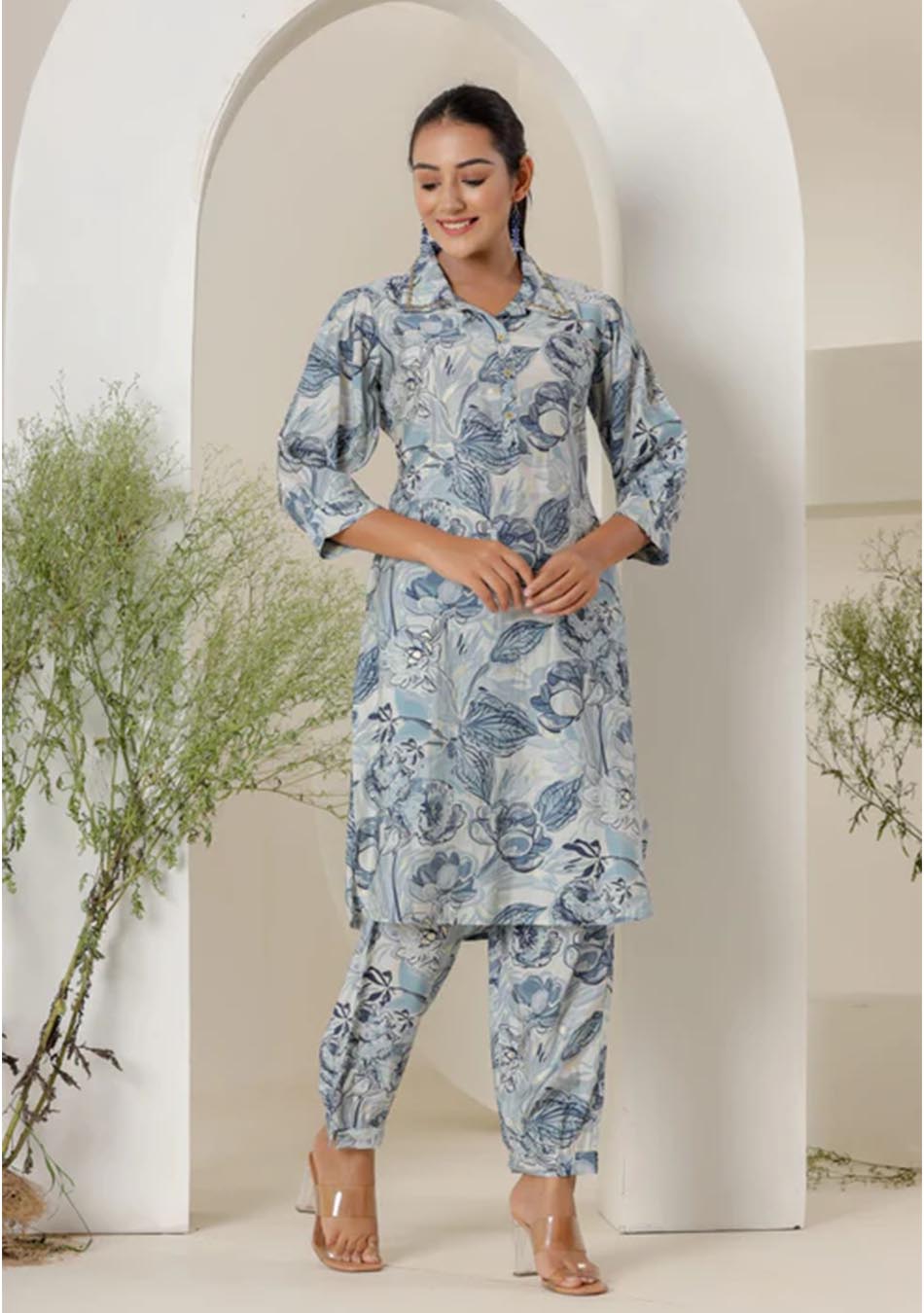 Blue  & White Print Muslin Kurta with  Hem Cuffed Pant Set
