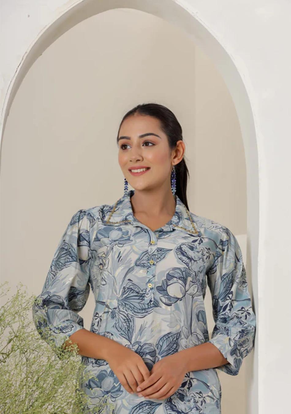 Blue  & White Print Muslin Kurta with  Hem Cuffed Pant Set