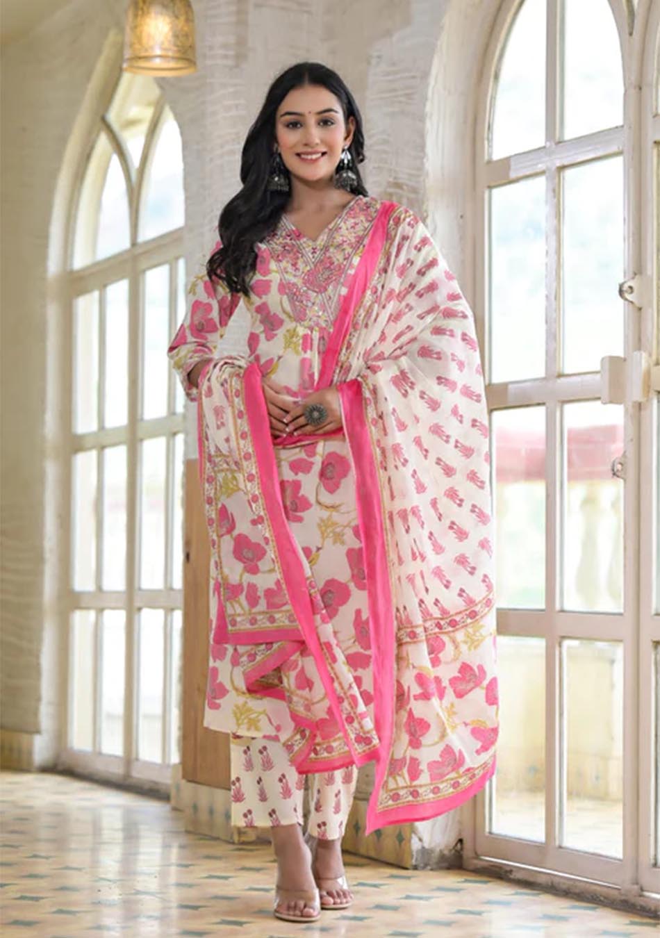 Pink and white floral v cut kurta pant set with dupatta