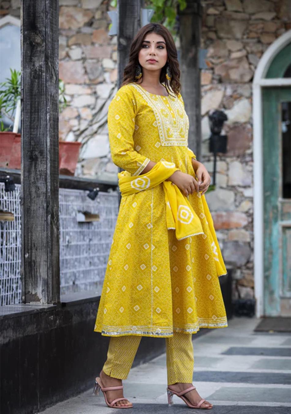 Yellow Chunri Print Anarkali set with Dupatta