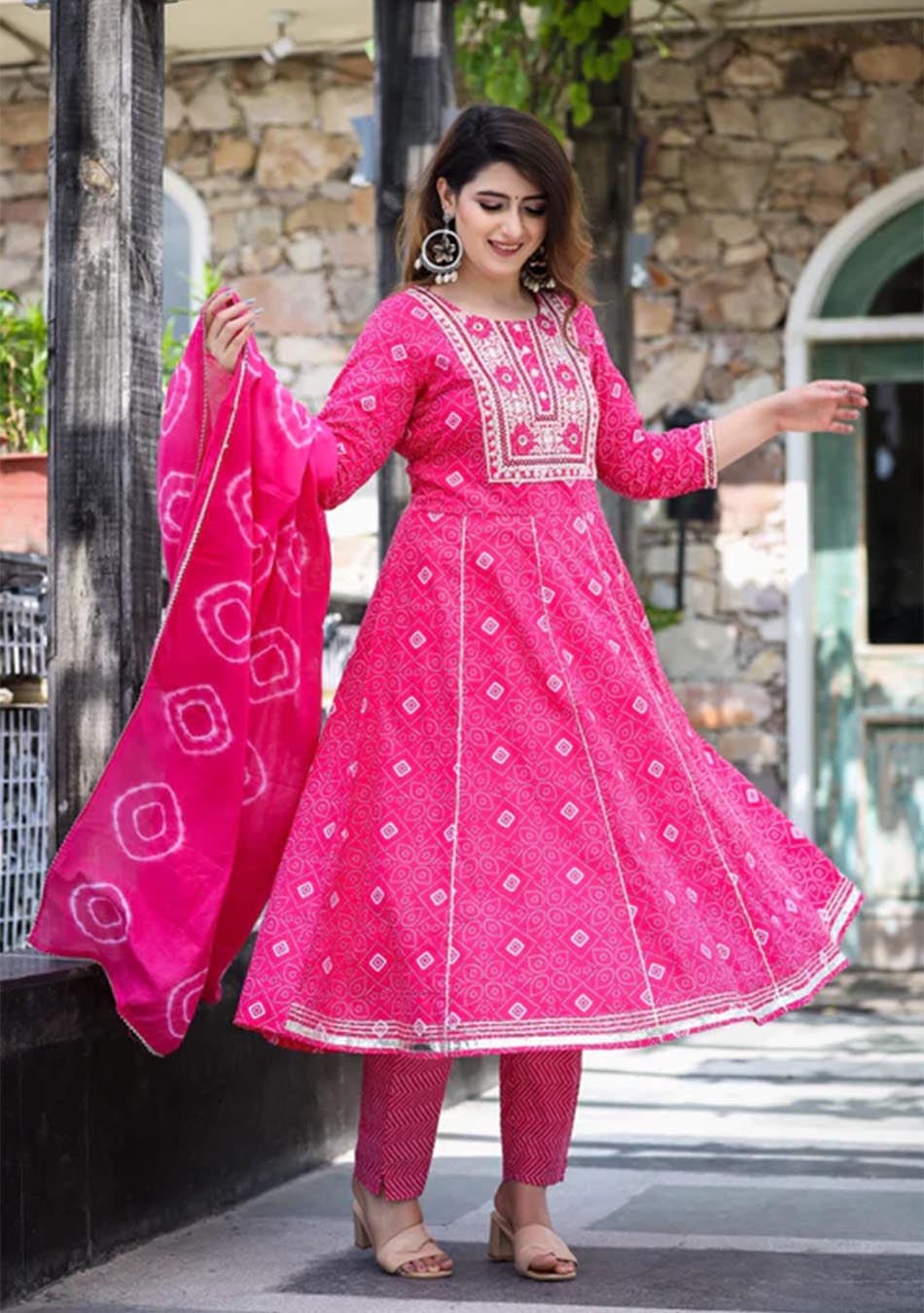 Vivid Pink Chunri Print Anarkali set with Dupatta