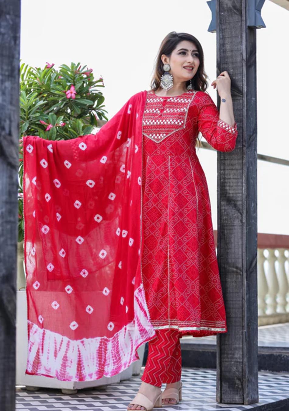 Rose Red Chunri Print Anarkali set with Dupatta