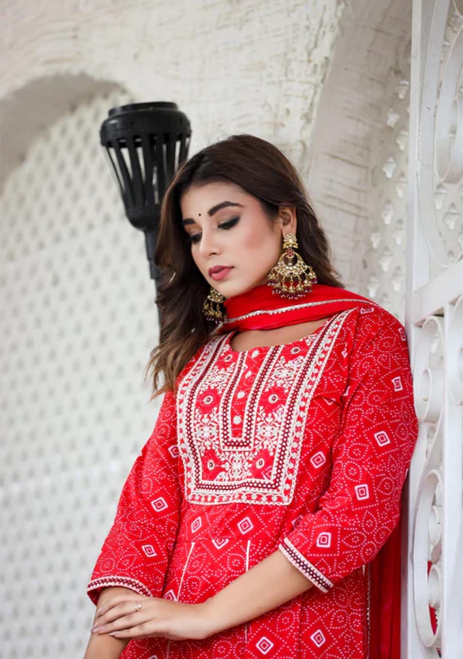 Deep Red Chunri Print Anarkali set with Dupatta