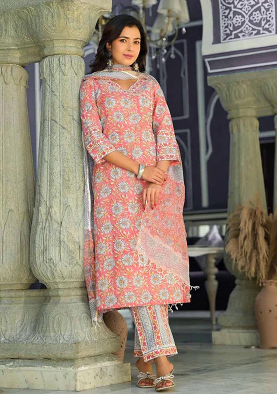 Salmon Handblock Print suit set with Kota Dupatta