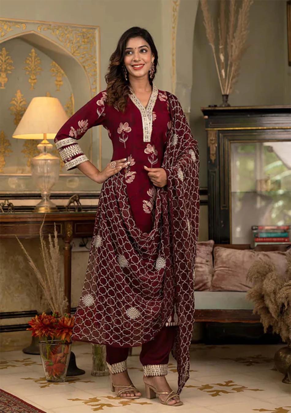 Red ruby Muslin silk Ensemble with Intricate Zari Dupatta