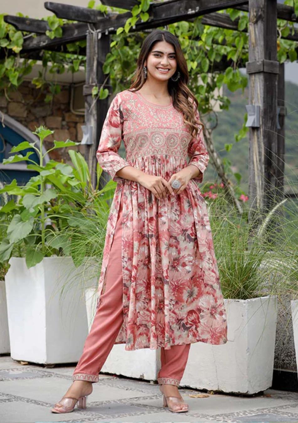 Salmon Pink Elegance Print Kurta Pant Set