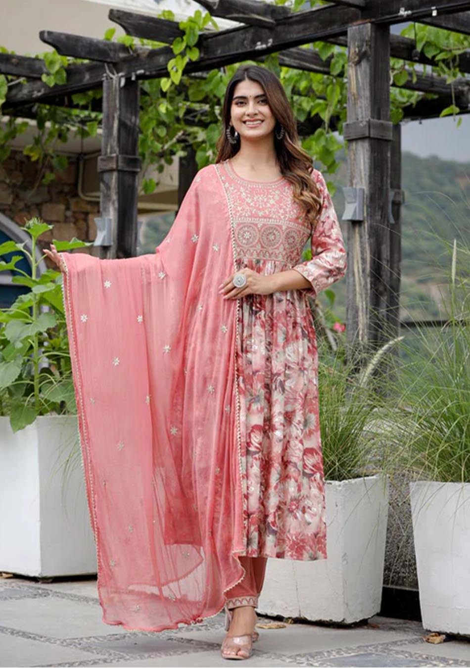 Salmon Pink Elegance Print Kurta Pant Set