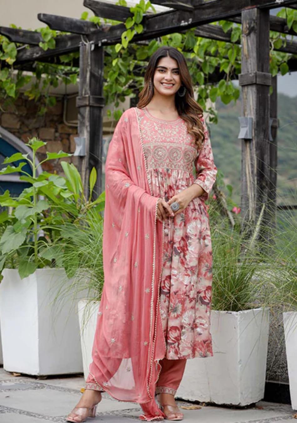 Salmon Pink Elegance Print Kurta Pant Set