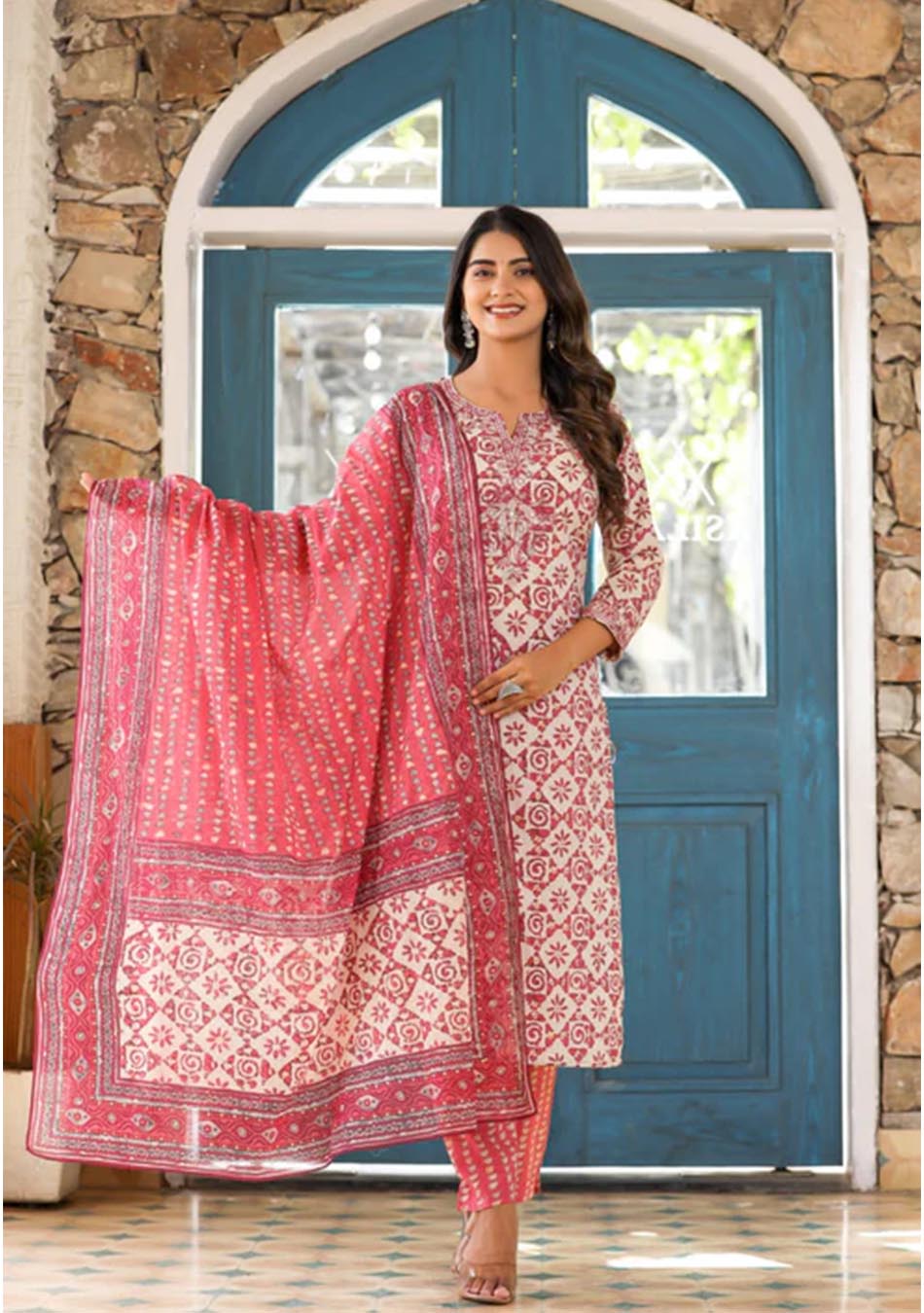 White & Red Floral Print kurta Pant set with Dupatta