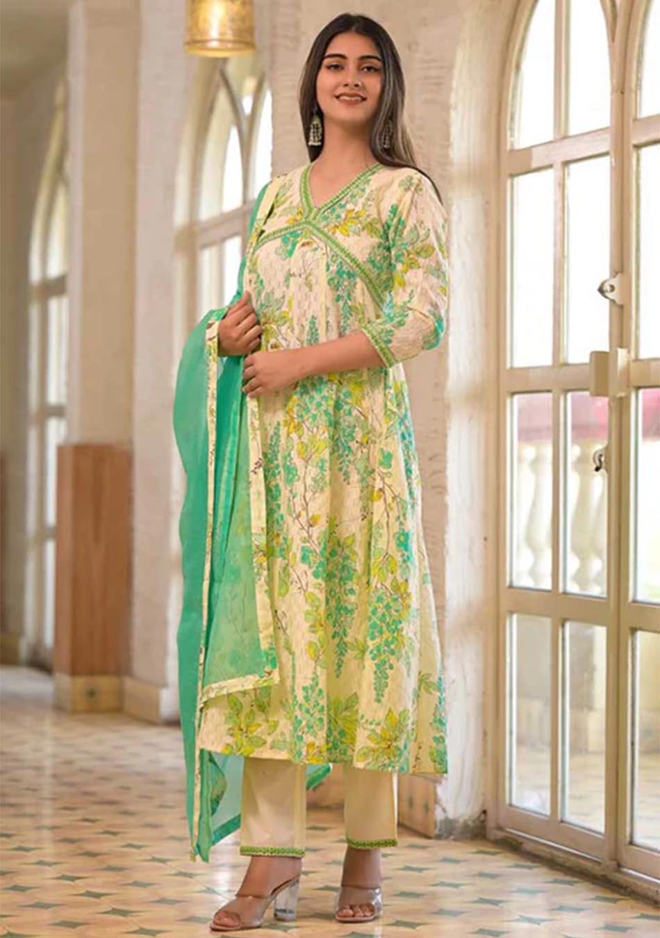 White and Green Cotton Print Set with Dupatta