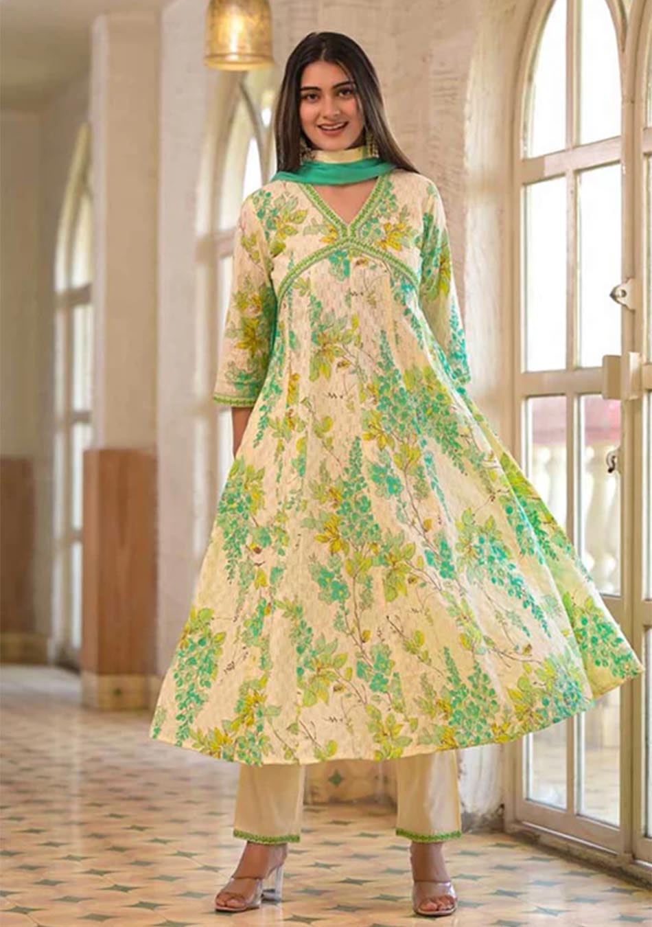 White and Green Cotton Print Set with Dupatta