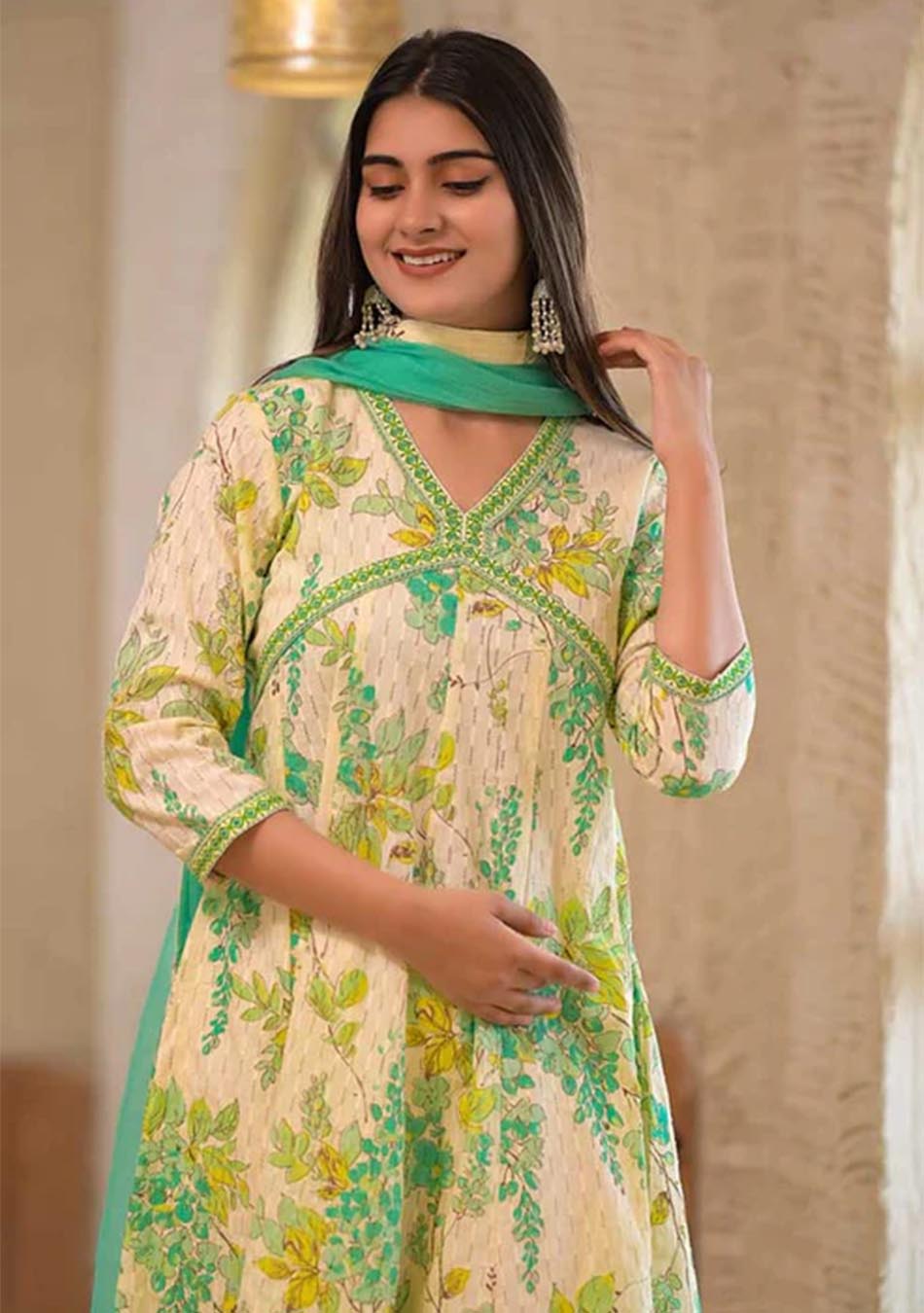 White and Green Cotton Print Set with Dupatta