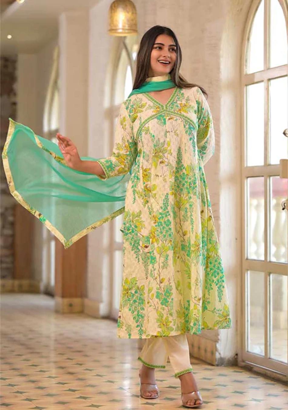 White and Green Cotton Print Set with Dupatta