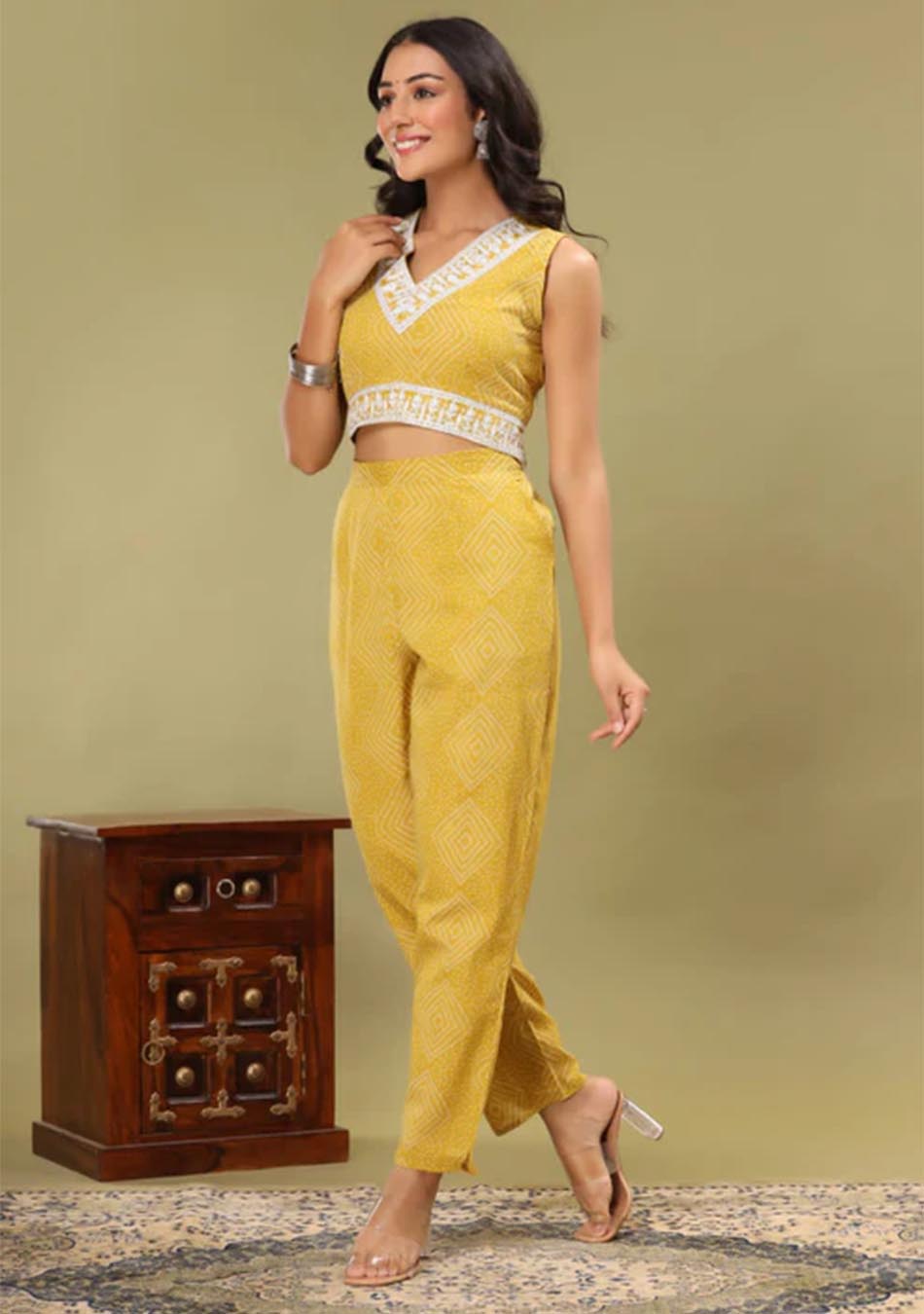 Mustard Chunri Print Blouse & Pant Set