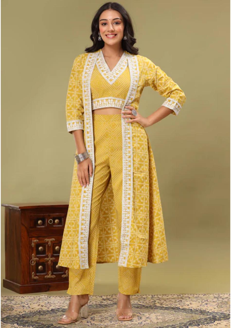 Mustard Chunri Print Blouse & Pant Set