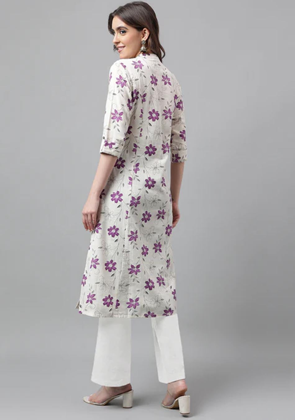 Cream & Mouve Floral Print A-Line Kurta