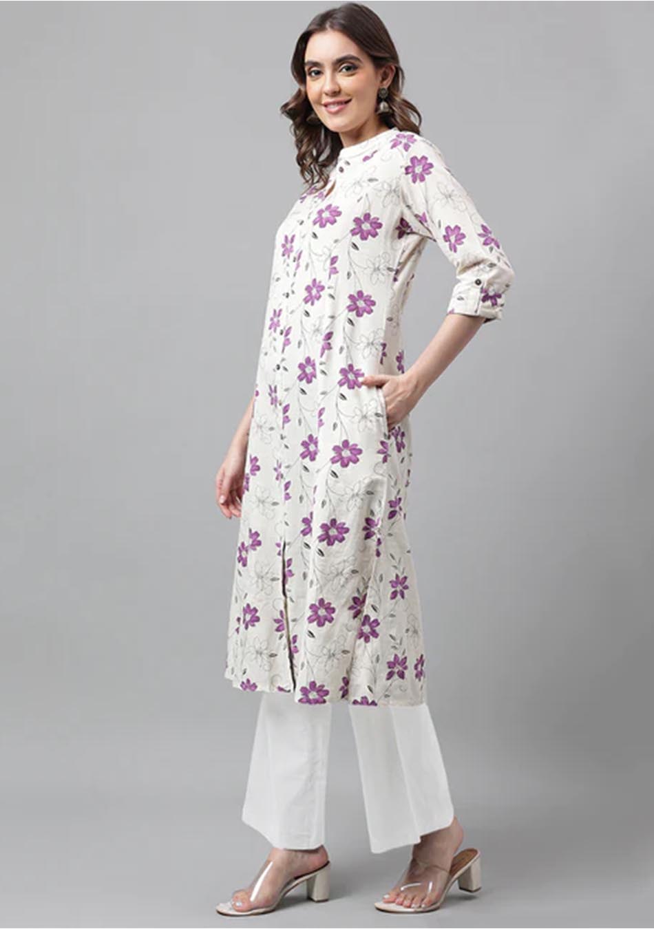 Cream & Mouve Floral Print A-Line Kurta