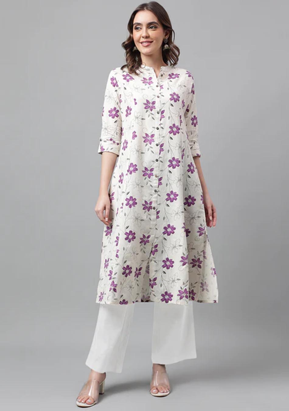 Cream & Mouve Floral Print A-Line Kurta