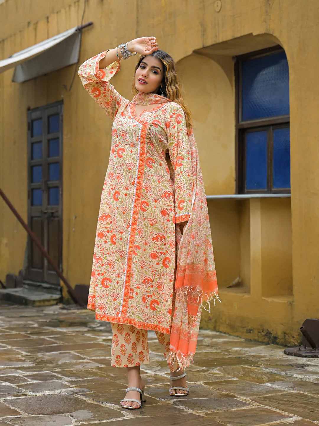 Orange Straight Floral Print Cotton Kurta Sets With Dupatta