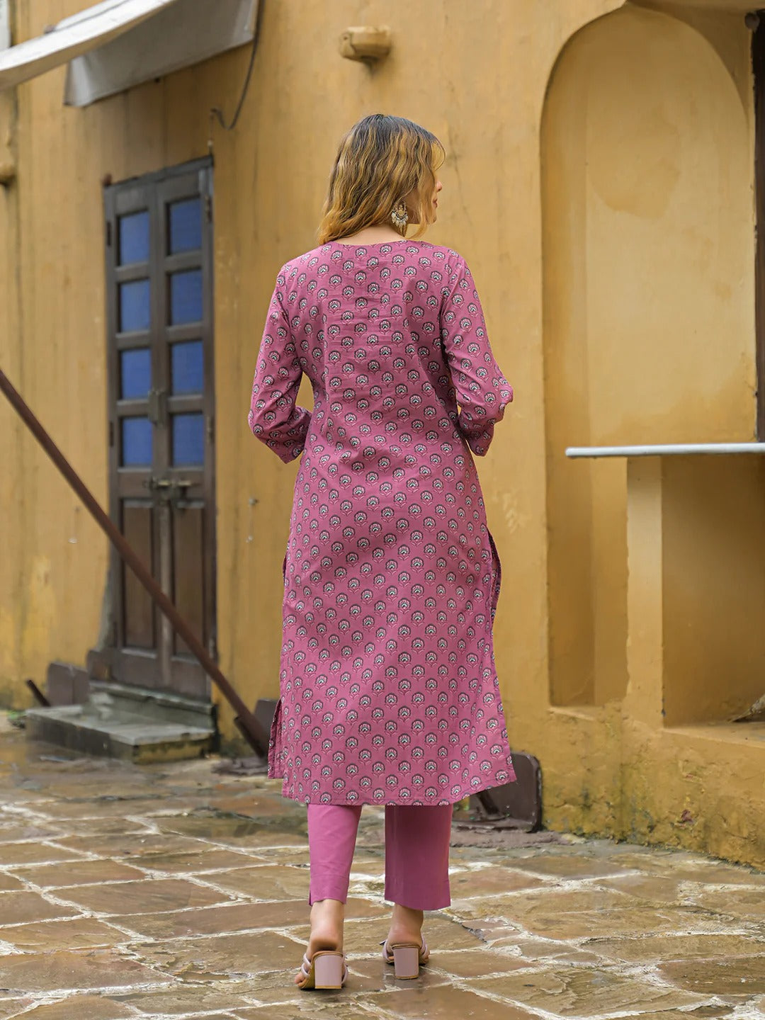 Pink Embroidered Cotton Straight Kurta Pant Set With Dupatta