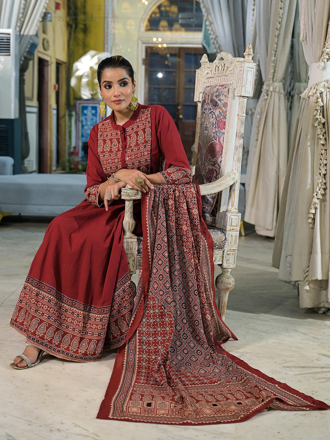 Red Paisley Print Cotton Anarkali Kurta Pant Set With Dupatta