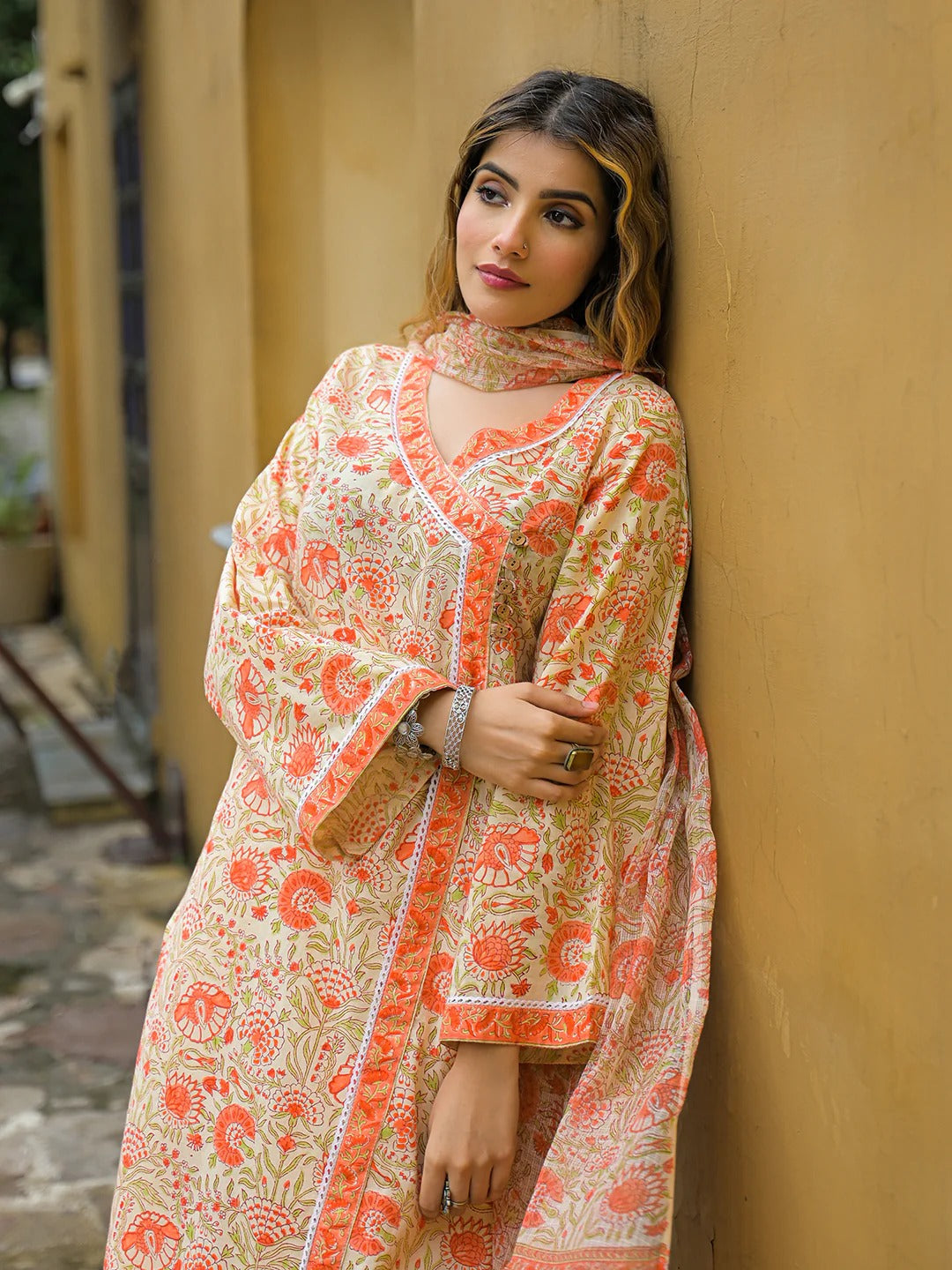 Orange Straight Floral Print Cotton Kurta Sets With Dupatta