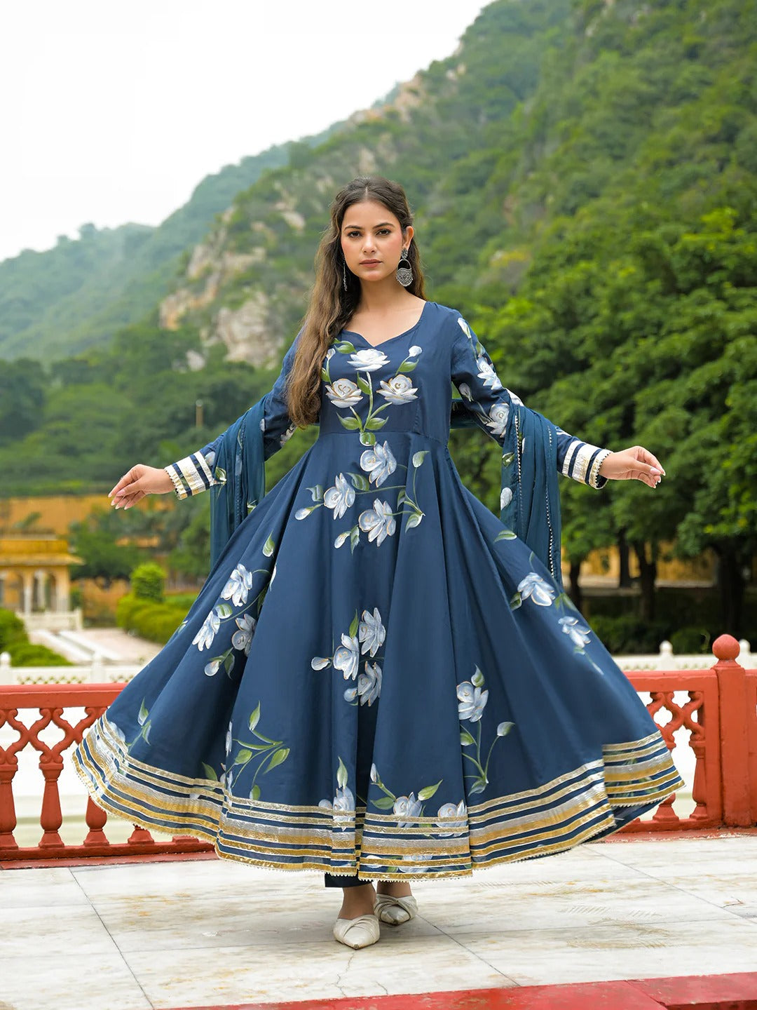 Blue Hand Painted Cotton Anarkali Kurta Pant With Dupatta