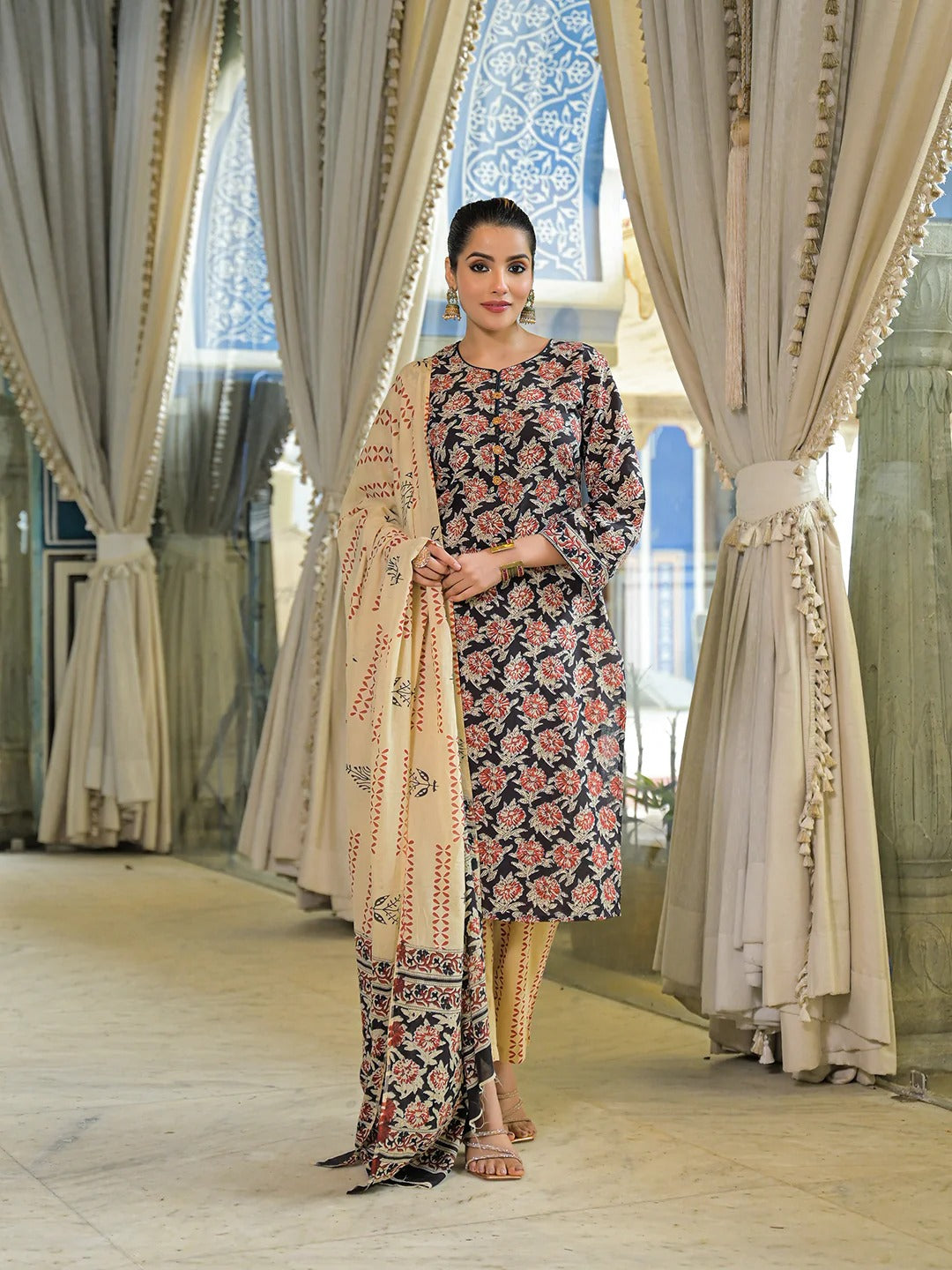 Black Hand Block Cotton Straight Kurta Pant With Dupatta