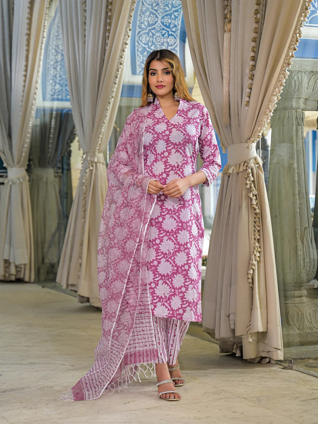 Pink Hand Block Cotton Straight Kurta Pant With Dupatta