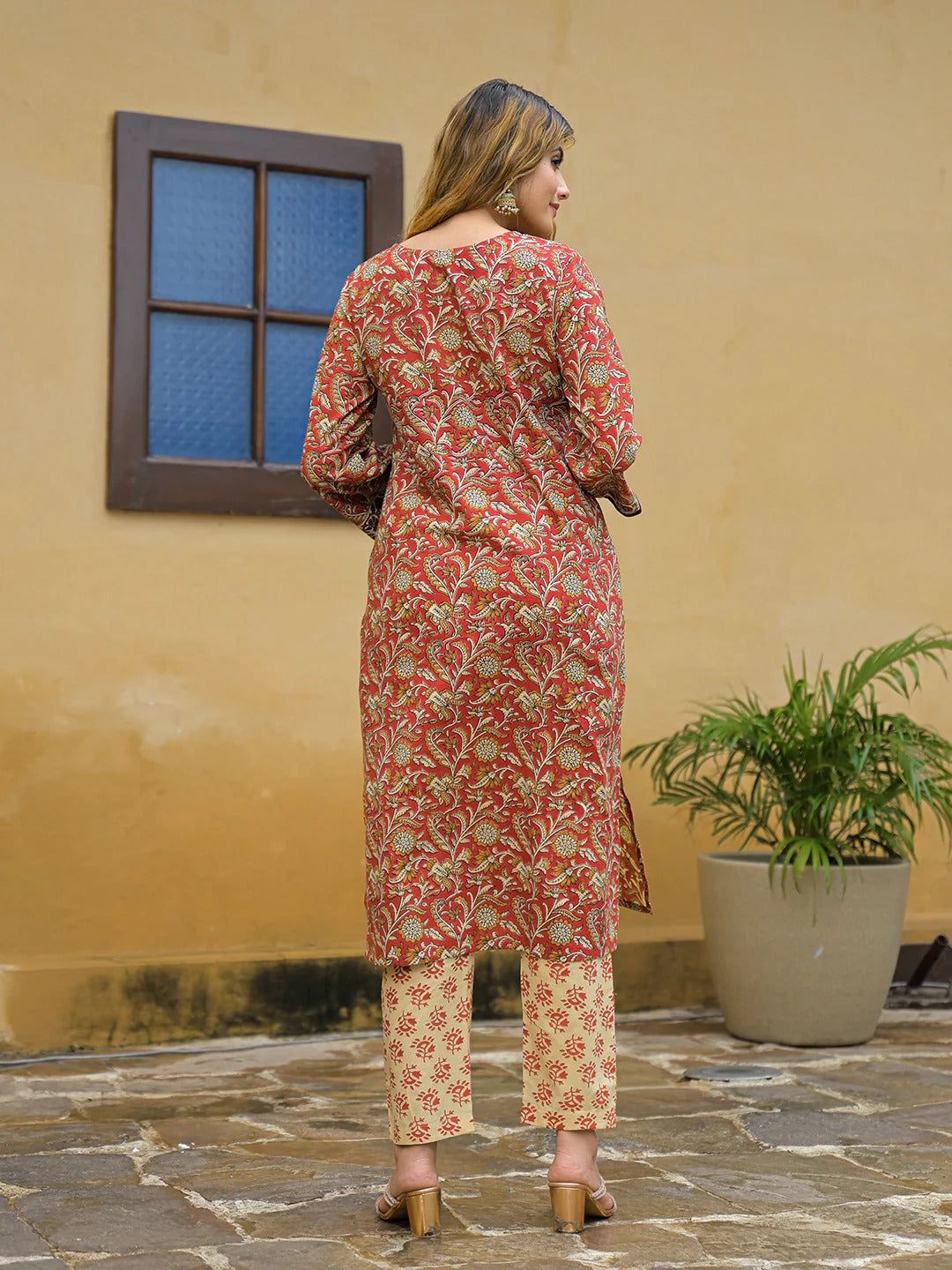 Maroon Hand Block Cotton Straight Kurta Pant With Dupatta