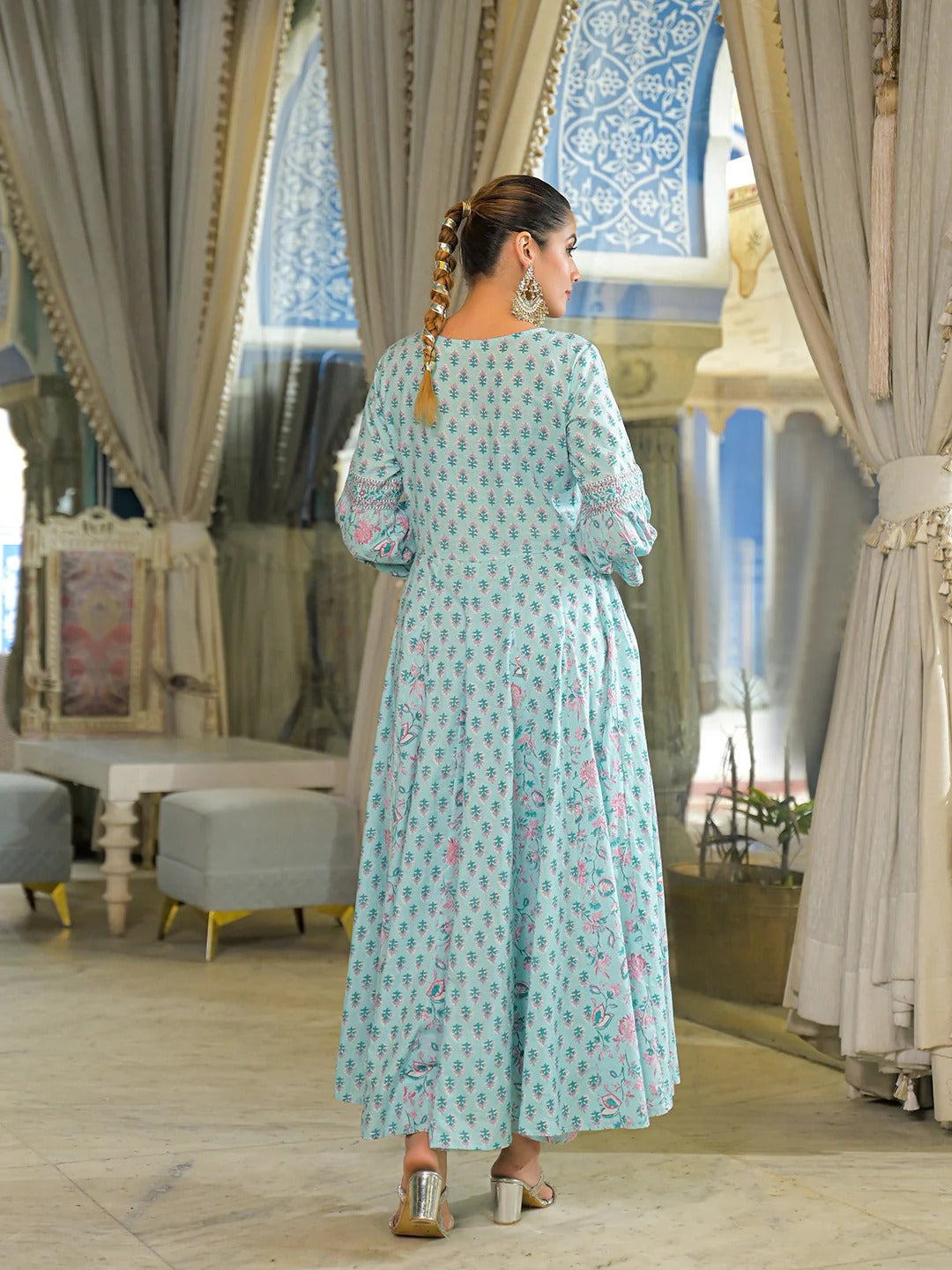 Sky Blue Ethnic Motif Cotton Anarkali Kurta Pant With Dupatta
