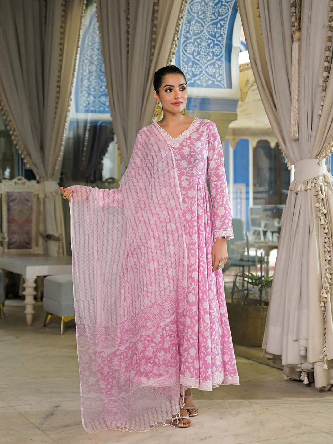 Pink Hand Block Cotton Anarkali Kurta Pant With Dupatta