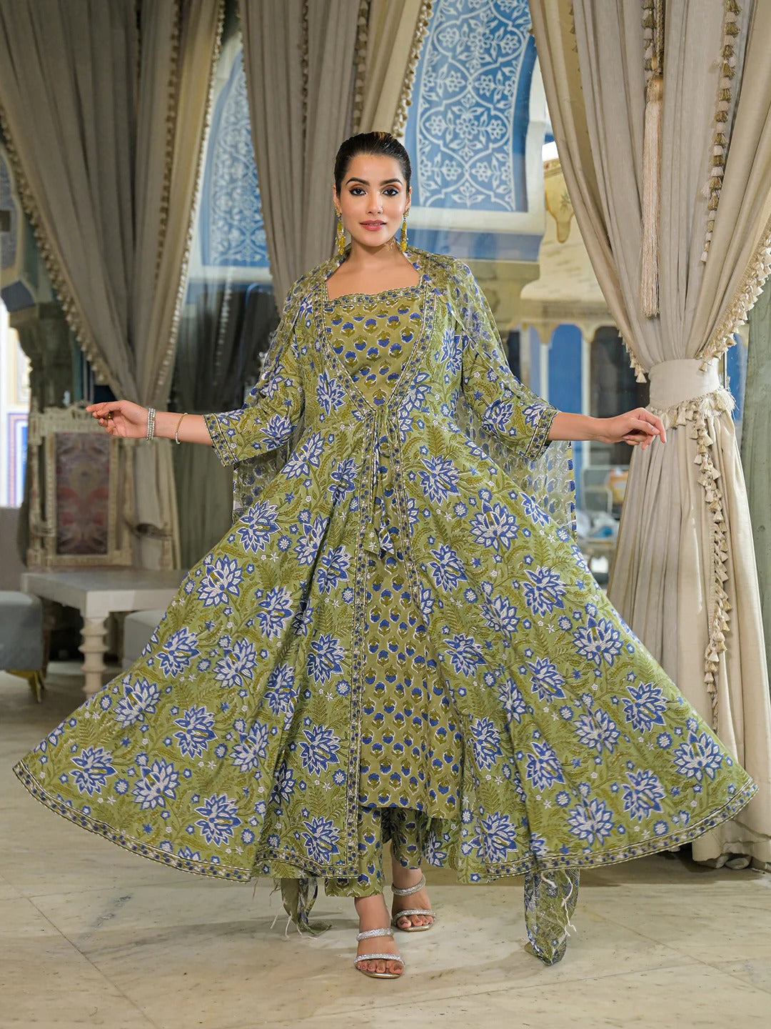 Green Hand Block Cotton Anarkali Kurta Pant With Dupatta & jacket
