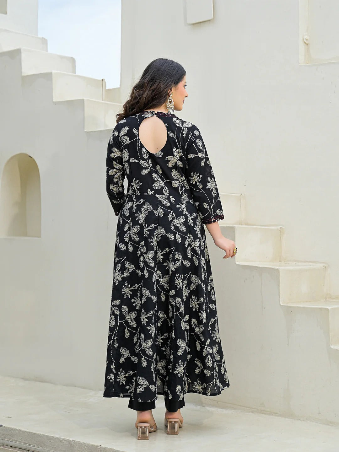 Black Cotton Anarkali kurta Pant Set with Dupatta